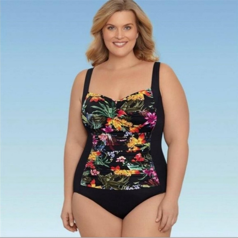 DREAMSUIT Black Floral Swimsuit  Slimming Control Ruched Front One piece